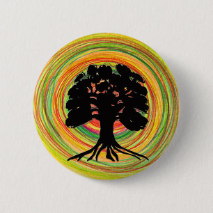 Chapa Redonda De 5 Cm Broche negra del diseño de Sun del árbol