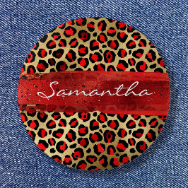 Chapa Redonda De 5 Cm Brote de pincel de leopardo rojo y Relieve metaliz