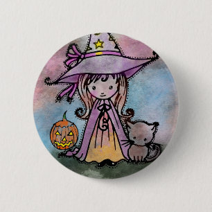 Chapa Redonda De 5 Cm Bruja Pequeña y Gato Halloween Pinback Button