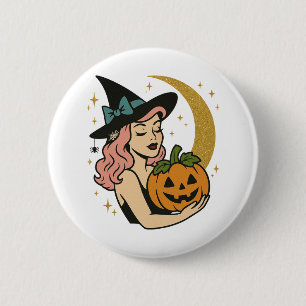 Chapa Redonda De 5 Cm Bruja Vintage con Calabaza Halloween