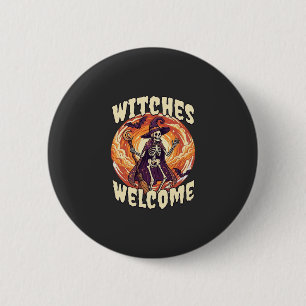 Chapa Redonda De 5 Cm Brujas Bienvenido Halloween Esqueleto Bruja Escoba