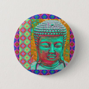 Chapa Redonda De 5 Cm Buda pop con fronteras patchwork en azul y rosa