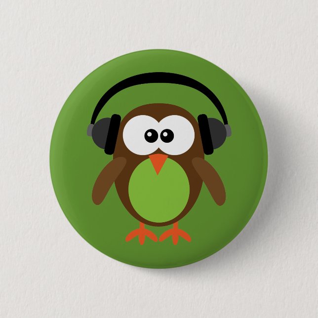 Chapa Redonda De 5 Cm Búho con los auriculares (Anverso)
