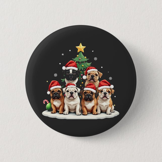 Chapa Redonda De 5 Cm Bulldog Árbol de Navidad Santa Hat Puppy Amantes (Anverso)