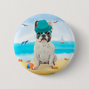 Chapa Redonda De 5 Cm Bulldog francés en la playa