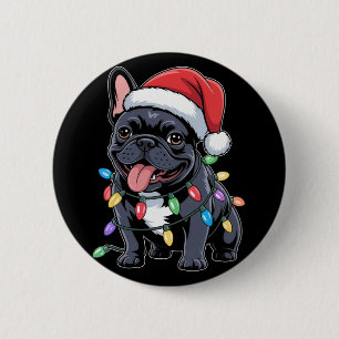 Chapa Redonda De 5 Cm Bulldog Francés Gorro de Papá Noel Luces de Navida