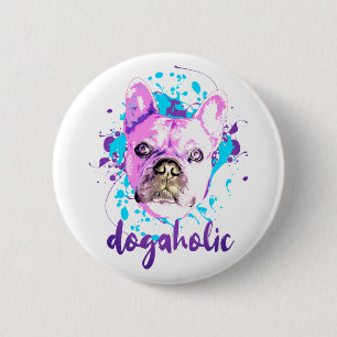 Chapa Redonda De 5 Cm Bulldog francés lindo cara azul rosado dogaholico