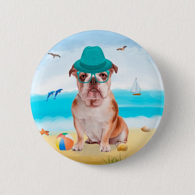 Chapa Redonda De 5 Cm Bulldog inglés en la playa (Anverso)
