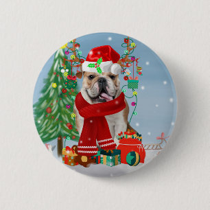 Chapa Redonda De 5 Cm Bulldog inglés en nieve con regalos de Navidades