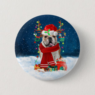 Chapa Redonda De 5 Cm Bulldog inglés en nieve con regalos de Navidades