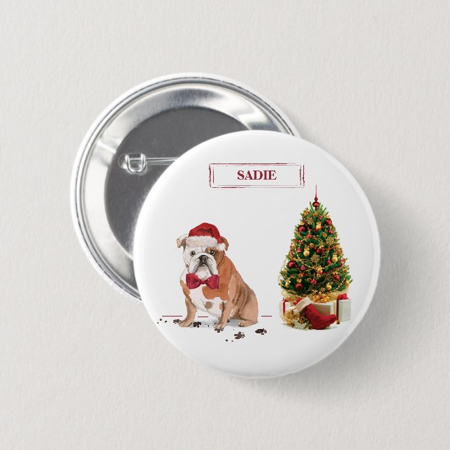 Chapa Redonda De 5 Cm Bulldog inglés Navidades graciosos perro con árbol (Anverso y reverso)