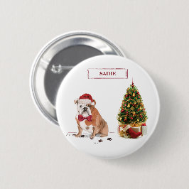 Chapa Redonda De 5 Cm Bulldog inglés Navidades graciosos perro con árbol
