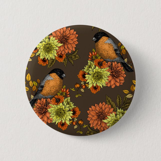 Chapa Redonda De 5 Cm Bullfinch en florales otoñales (Anverso)