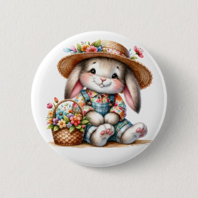 Chapa Redonda De 5 Cm Bunny Rabbit With Florals  (Anverso)