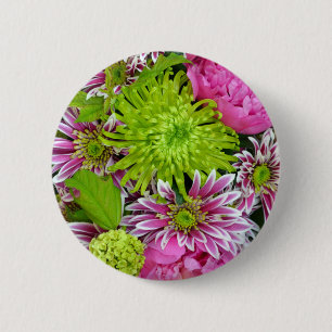 Chapa Redonda De 5 Cm Buqué de flores rosa y verde