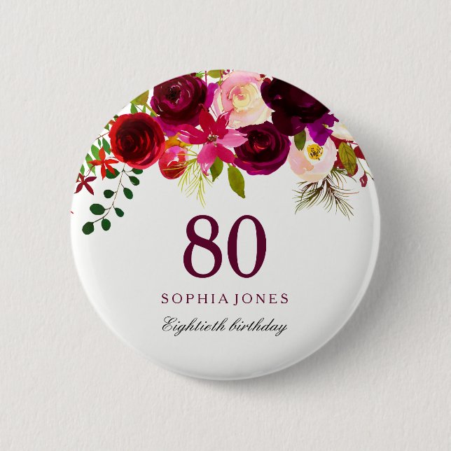 Chapa Redonda De 5 Cm Burgundy Red Floral Boho 80 cumpleaños (Anverso)