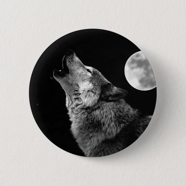 Chapa Redonda De 5 Cm BW Wolf Howling en la Luna (Anverso)