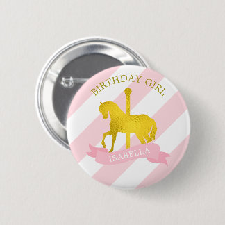 Chapa Redonda De 5 Cm Caballo de carrusel rosado "Chica de cumpleaños"