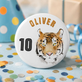 Chapa Redonda De 5 Cm Cabeza de Tigre Acuarela Nombre Edad Cumpleaños