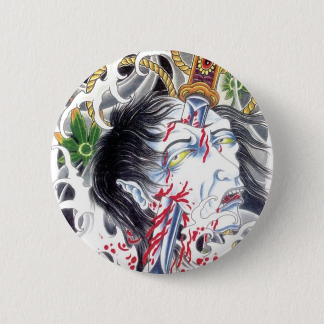 Chapa Redonda De 5 Cm Cabeza grotesca y espada (Anverso)