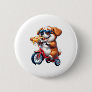 Chapa Redonda De 5 Cm cachorro montando una bicicleta comiendo pizza