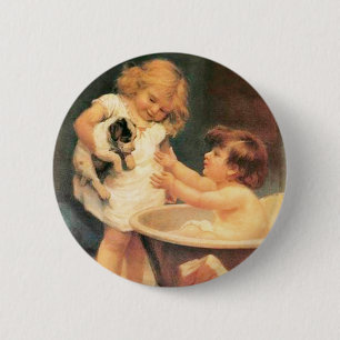 Chapa Redonda De 5 Cm Cachorro Tomando Un Baño Antiguo Vintage