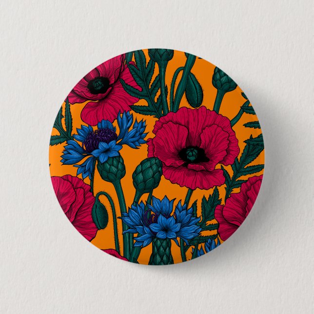 Chapa Redonda De 5 Cm Cachorros rojos y flores azules en naranja (Anverso)