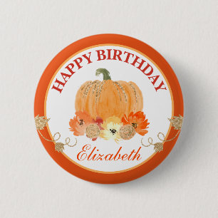 Chapa Redonda De 5 Cm Calabaza de cumpleaños feliz en acuarela naranja y