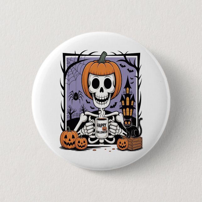 Chapa Redonda De 5 Cm Calabaza Skeleton Café para beber (Anverso)