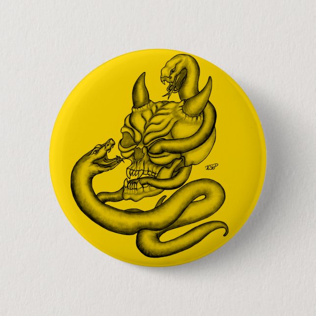 Chapa Redonda De 5 Cm Calavera - Cabeza malvada con serpiente (Anverso)