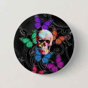 Chapa Redonda De 5 Cm Calavera de fantasía y mariposas de colores