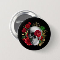 Calavera de gótico con flores rojas y hojas de oro