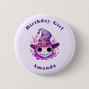 Chapa Redonda De 5 Cm Calavera de niña cumpleañera con sombrero de bruja