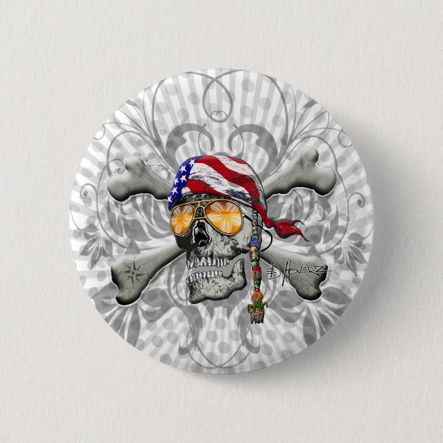 Chapa Redonda De 5 Cm Calavera pirata estadounidense y huesos cruzados (Anverso)