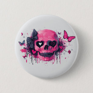Chapa Redonda De 5 Cm Calavera rosa con mariposas y corazones