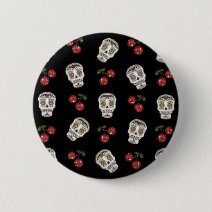 Chapa Redonda De 5 Cm Calaveras de Azúcar Rockabilly RAB Cerezas Sobre N