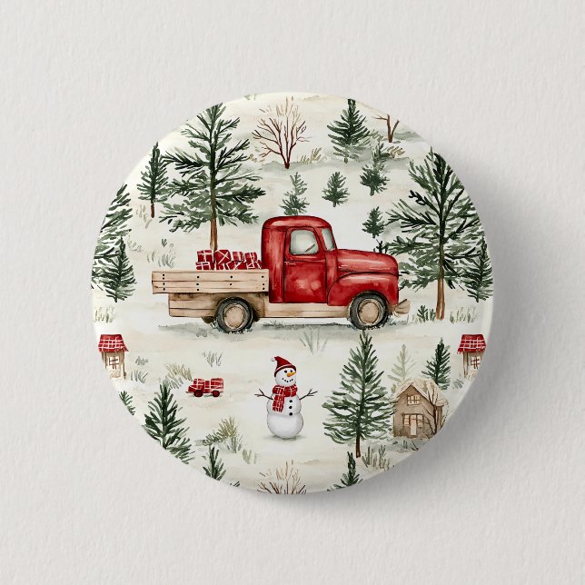 Chapa Redonda De 5 Cm Camión rojo con regalos y muñeco de nieve (Anverso)