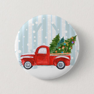 Chapa Redonda De 5 Cm Camioneta pickup roja del navidad en un camino