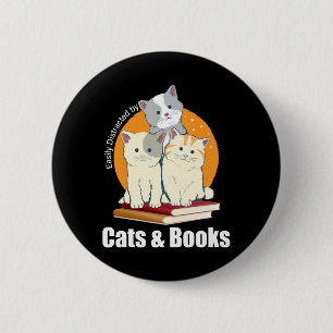 Chapa Redonda De 5 Cm Camiseta Fácilmente Distraído Por Gatos Y Libros