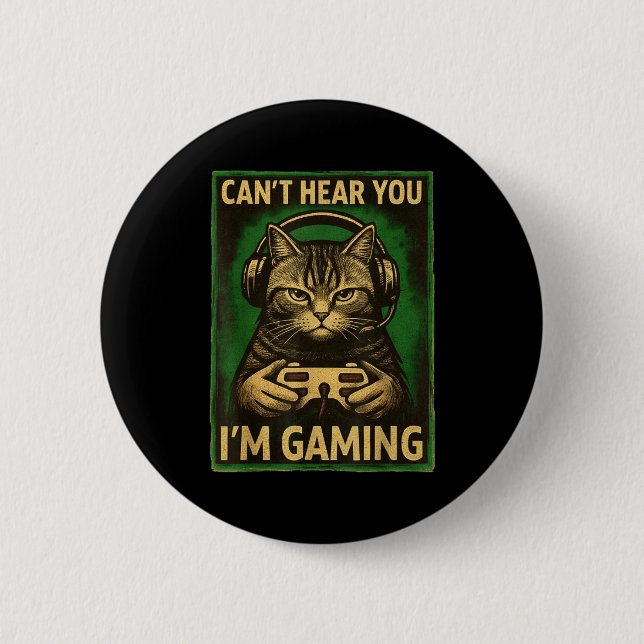 Chapa Redonda De 5 Cm Can't Hear You I'm Gaming Funny Gamer Cat Playing  (Anverso)