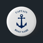Chapa Redonda De 5 Cm Capitán de Ancla Náutica Vintage<br><div class="desc">Ancla Náutica Azul Vintage de la Marina y su nombre de barco personalizado y botón de rango de capitán de Personalizable.</div>