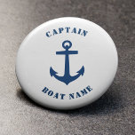 Chapa Redonda De 5 Cm Capitán de barco Nautical Classic, Nave de nombre<br><div class="desc">Anclaje Náutico Azul de la Marina y Botón de Rango del Capitán del Personalizable y Nombre del Barco Personalizado.</div>