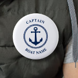 Chapa Redonda De 5 Cm Capitán del Ancla Náutica Naval de nombre de barco<br><div class="desc">Anclaje náutico azul marino de la Marina y botón de rango de capitán de Personalizable y nombre de barco personalizado.</div>