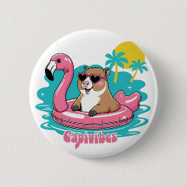 Chapa Redonda De 5 Cm Capivara Estilosa no Verão com Boia Rosa