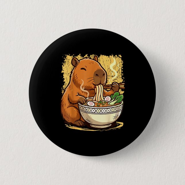 Chapa Redonda De 5 Cm Capybara Eating Ramen Noodles  (Anverso)