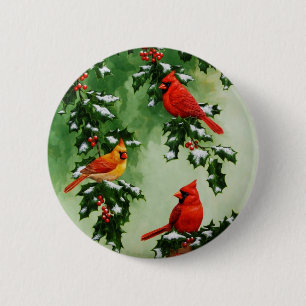 Chapa Redonda De 5 Cm Cardenales rojos del norte y acebo