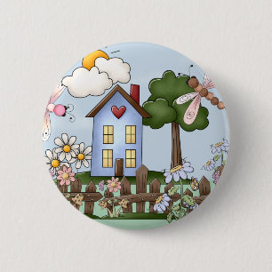 Chapa Redonda De 5 Cm Casa de campo azul linda en la sol