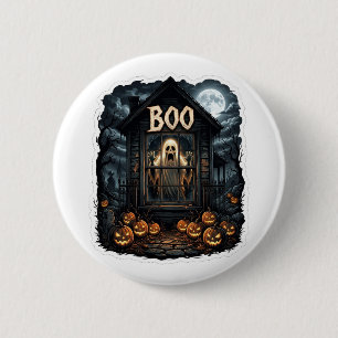 Chapa Redonda De 5 Cm Casa Embrujada Espeluznante BOO Fantasma en Ventan