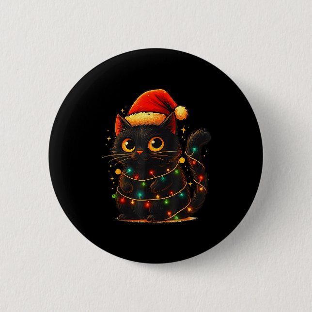 Chapa Redonda De 5 Cm Cat Black Christmas Tree Lights Funny Santa Kitten (Anverso)