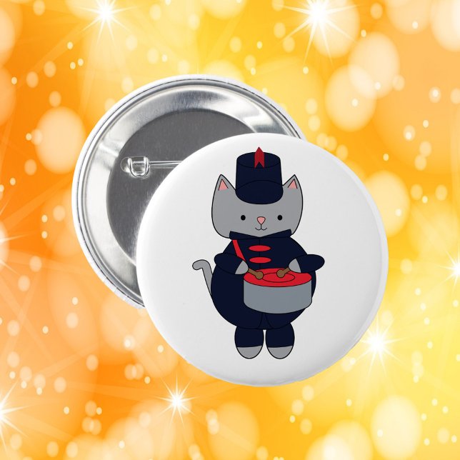 Chapa Redonda De 5 Cm Cat Drummer Marching Band Navy Blue Red (A pin featuring a gray cat playing drums in a navy blue & red marching band uniform.)